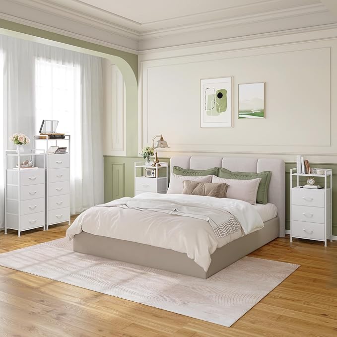 Somdot White Nightstand with 4 Drawers, Vertical Storage Tower Fabric Dresser