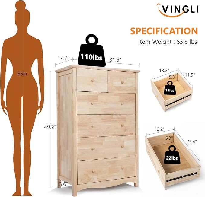VINGLI Unfinished 6 Drawer Dresser, Natural Solid Wood Dresser Color DIY