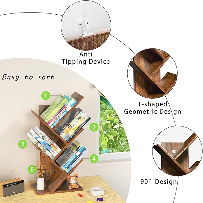 SHEEPAM 5 Tier Tree Book Shelf, Small Desktop Bookshelf