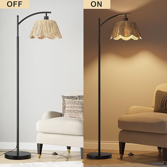 Oneach Arc Floor Lamp for Living Room, Rattan Boho Floor Lamp