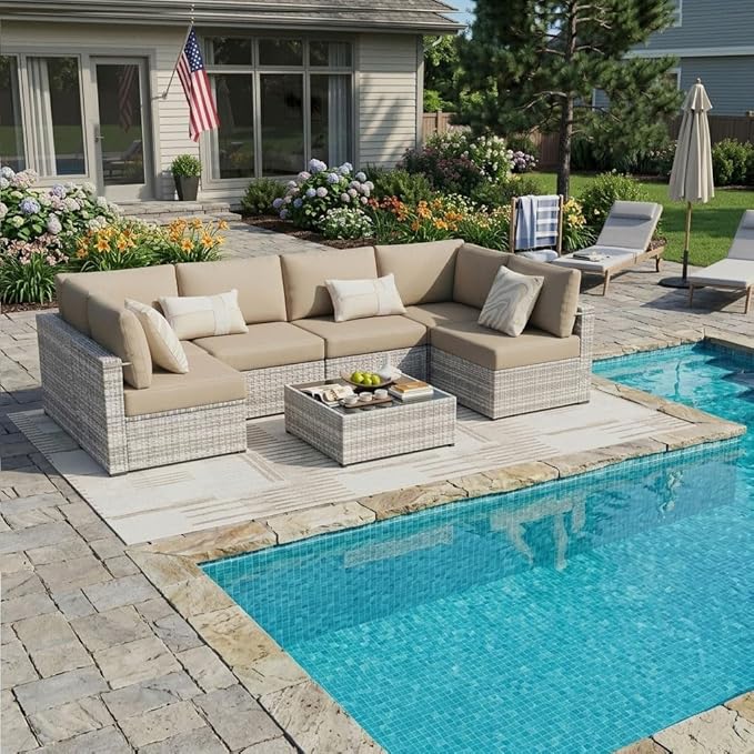 KIGOTY 7-Piece Patio Furniture Set, All-Weather PE Rattan Outdoor Sectional Sofa