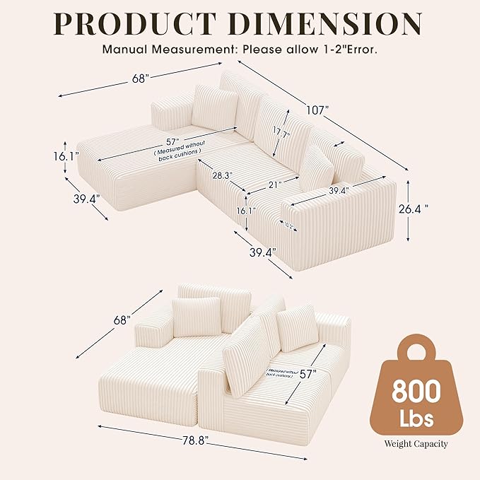 GRUSIGN 107'' Cloud Sectional Boneless Couches