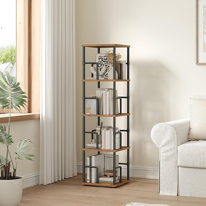 MAHANCRIS 4-Tier Rotating Bookshelf, Freestanding Corner Bookshelf, 360°