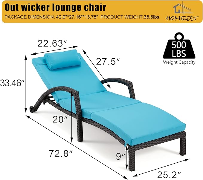 HOMREST Chaise Lounge Chairs Set of 4, PE Rattan Wicker Lounge Chair
