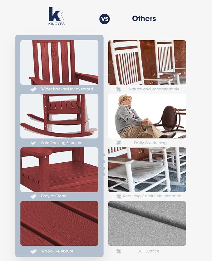 KINGYES Oversized Outdoor Rocking Chair, All-Weather Patio Rocking Chairs