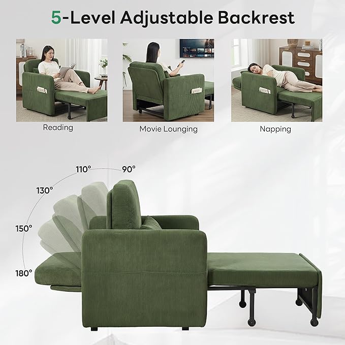 Iroomy 5-Level Adjustable Convertible Sleeper Chair, 3-in-1 Corduroy Pull Out