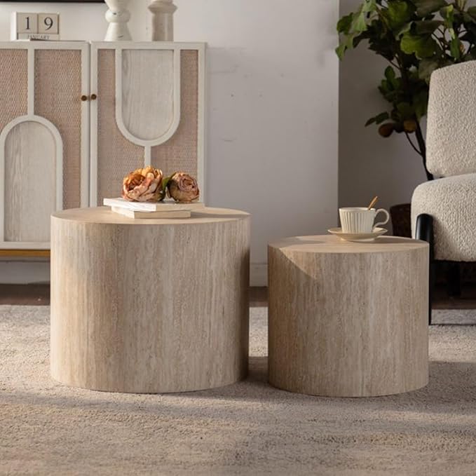 Round Wooden Nesting Coffee Table Set of 2, Circle Modern Accent End Side Table