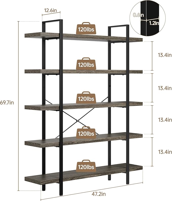 OtterOasis Bookshelf Set, Heavy Duty 5-Tier Industrial Bookcase, 120lbs Shelf
