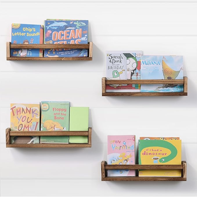 Nursery Room Shelves Set of 4, Wood Floating Book Shelves