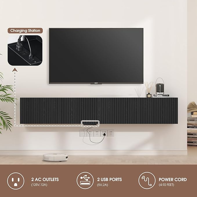 71” Floating TV Stand with LED Lights & Charging Station, Floating Media