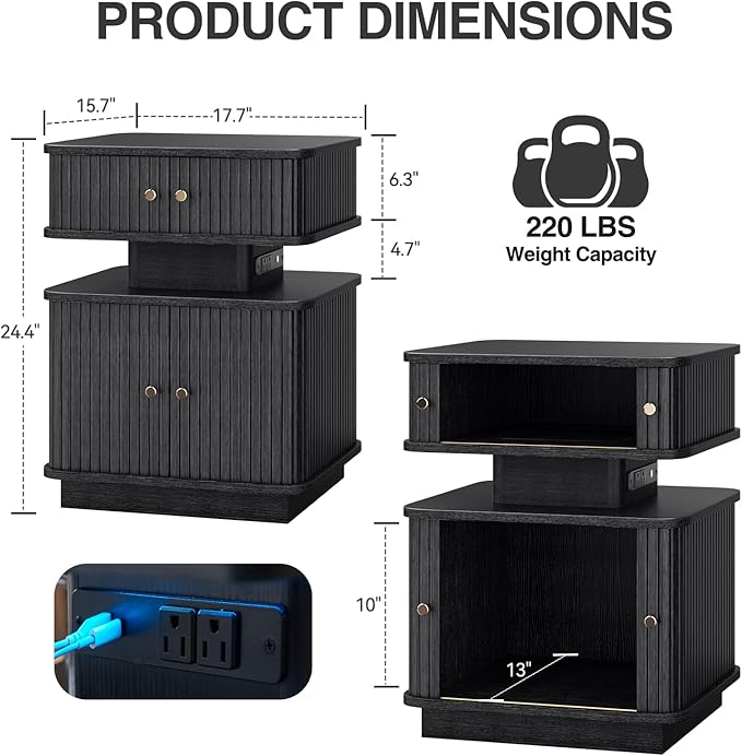 LED Nightstand Set of 2, Fluted Night Stand