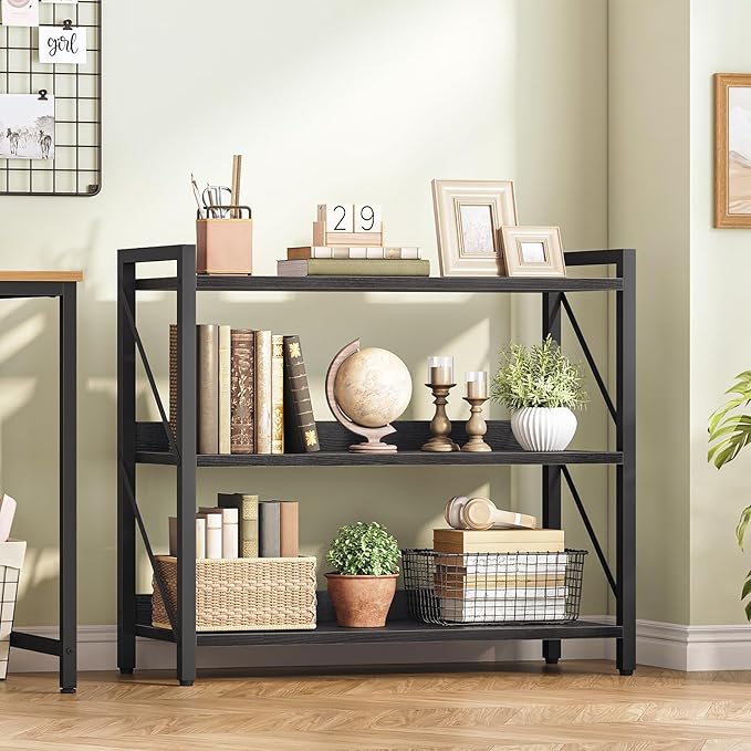 HOOBRO Bookshelf, 3-Tier Industrial Bookcase, Book Shelf Storage Organizer