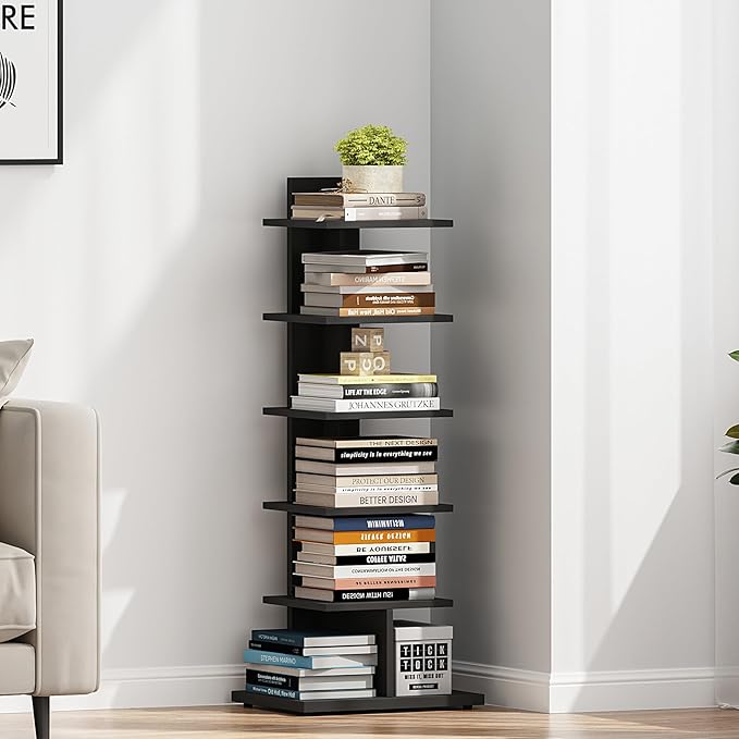 TUTOTAK Narrow Bookshelf, 6-Tier Bookcase, Spine Book Shelf