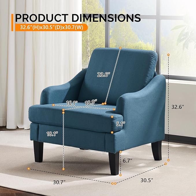 VINGLI Linen Fabric Accent Chair Navy Blue, Modern Upholstered Armchair