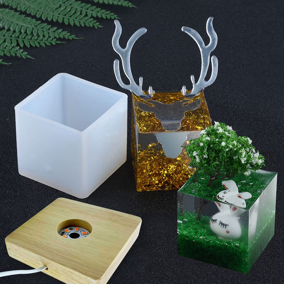 Voaesdk Light Resin Square Molds,Large Cube LED Silicone Moulds for Resina with USB Powered Wooden Lighted Base for DIY Crystal Resin Art Table Lamp Home Decoration