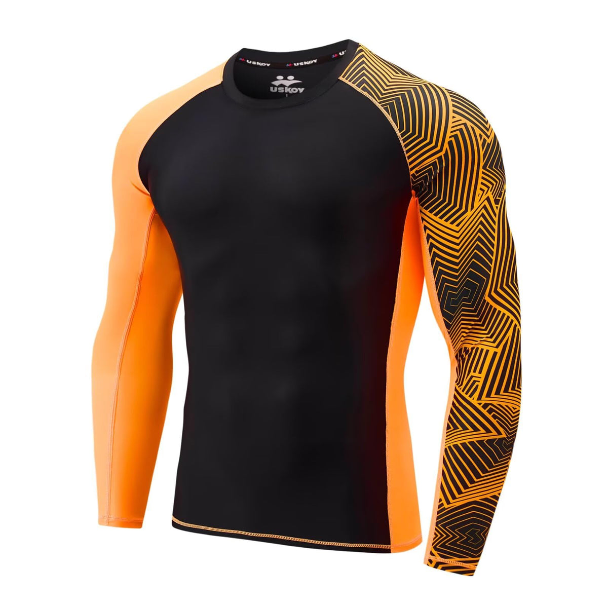 USKOY Men's Rash Guard Long Sleeve UPF 50+ Base Layer Skins Compression Shirt Performance Fit Black Orange X-Large