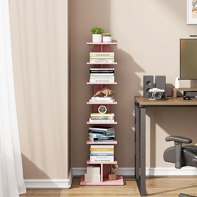 TUTOTAK Bookshelf, 8-Tier Bookcase, Narrow Spine Book Shelf