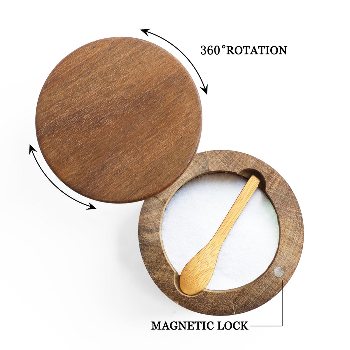 Acacia Wood Spice Box with Swivel Lid and Built-in Spoon for Kitchen Countertop, Farmhouse Kitchen Decoror for Storing Salt, Peppers, Sugar or Seasonings (Labeled “SALT”)