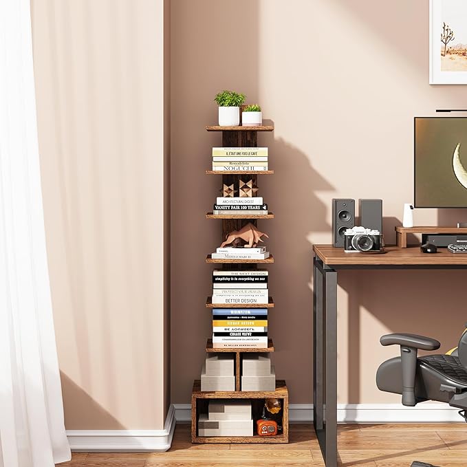 TUTOTAK Narrow Bookshelf, Vertical 8-Tier Bookcase, Spine Book Shelf