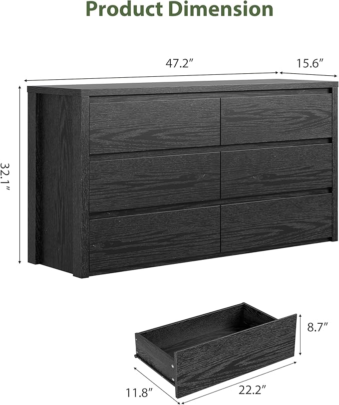 GarveeHome 6 Drawer Dresser for Bedroom, Wide Wood Chest of Drawers Handle Free