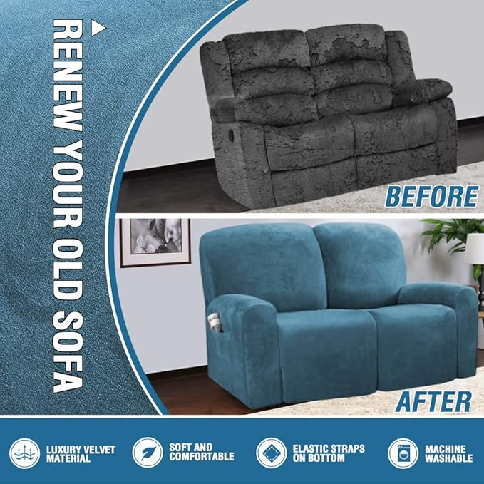 H.VERSAILTEX Velvet Stretch Recliner Couch Covers 6-Pieces Recliner Loveseat