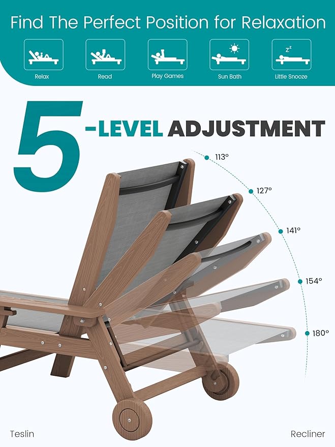 SERWALL Textilene Patio Chaise Lounge Chair Set of 2, 5 Positions Outdoor