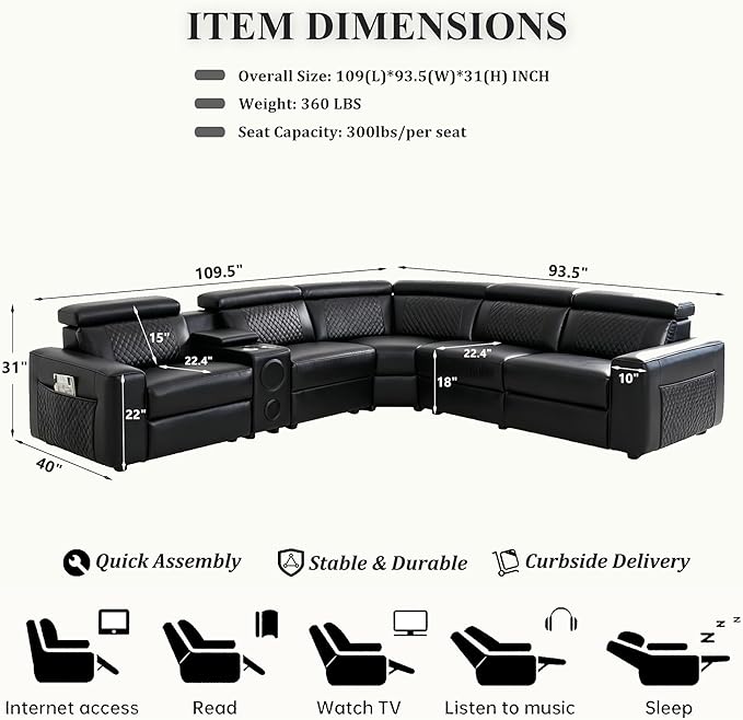 Power Recliner Sectional Sofa, L-Shaped Living Room Furniture Set, Reclining