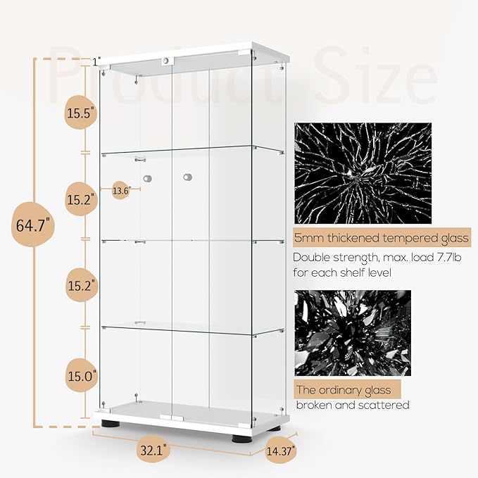 Display Cabinet with Glass Door and Lock, 4-Shelf Fast Installation in 30 Mins