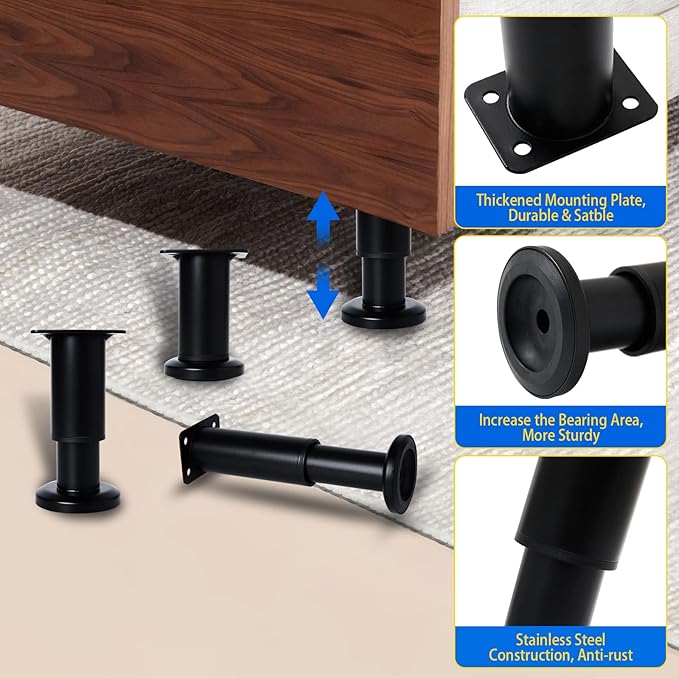 6 Pcs Adjustable Height Furniture Support Legs 3.15-4.72 inch, Metal Heavy Duty