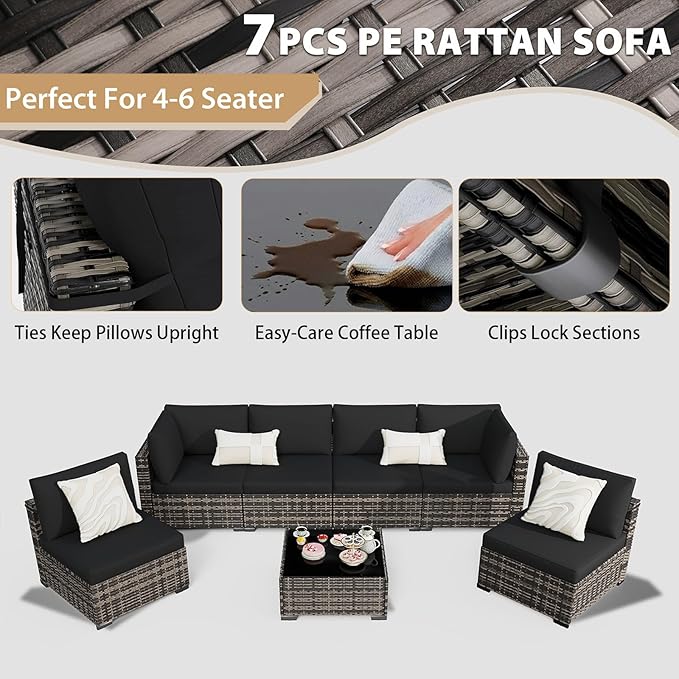 KIGOTY 7-Piece Patio Furniture Set, All-Weather PE Rattan Outdoor Sectional Sofa