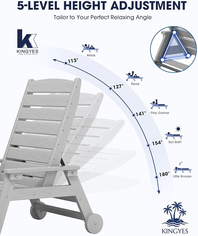 KINGYES HDPE Lounge Chair Outdoor Set of 2, Patio Chaise Lounge Recliner