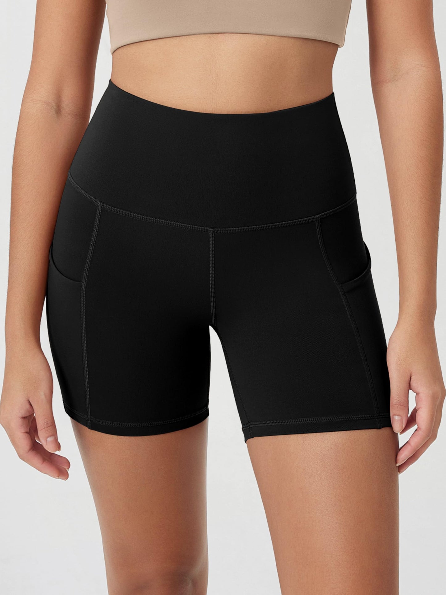ODODOS 5" Tummy Control Biker Shorts for Women with Pockets High Waist Athletic Workout Yoga Shorts, Black, Medium