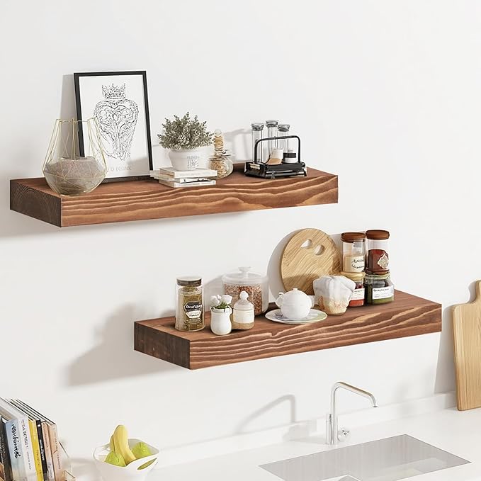 17x8x1.6 inch Floating Shelves Set of 2 – Solid Wood Rustic Brown Wall Mounted