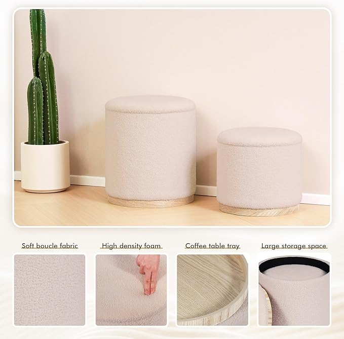 PINPLUS Round Ottoman with Storage Set of 2, Vanity Stool with Storage