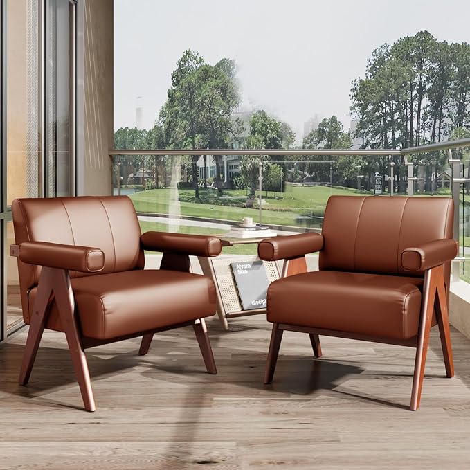 STHOUYN Brown Leather Accent Chairs, Mid Century Modern Chair, Side Arm Chairs