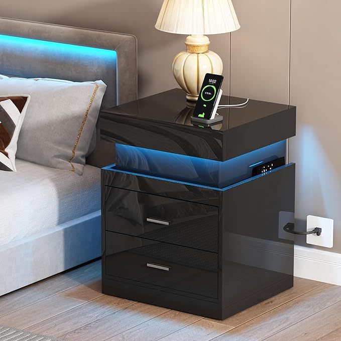 ChooChoo LED Nightstand with Charging Station, Smart Night Stand with Sliding