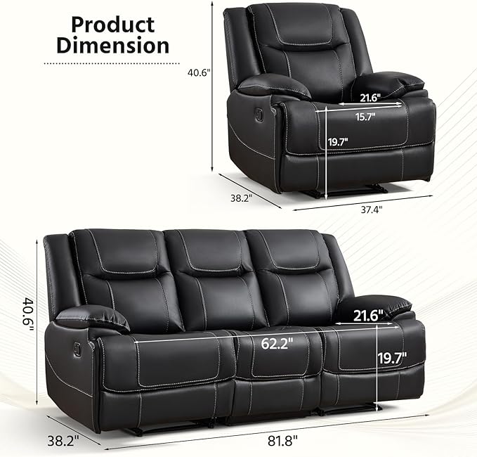 ANJ Premium Genuine Manual Reclining Sofa Set, Included Manul Recliner Chair