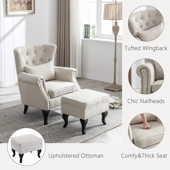 Mid Century Modern Accent Chair Upholstered Armchair Comfy Linen Fabric Tufted