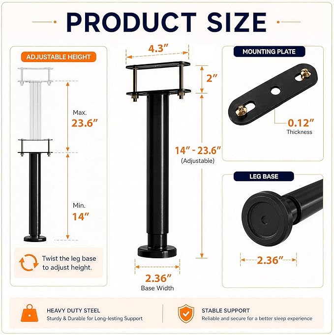 4Pcs Bed Frame Support Leg, Adjustable 14" to 23.6", Increase Under-Bed Storage