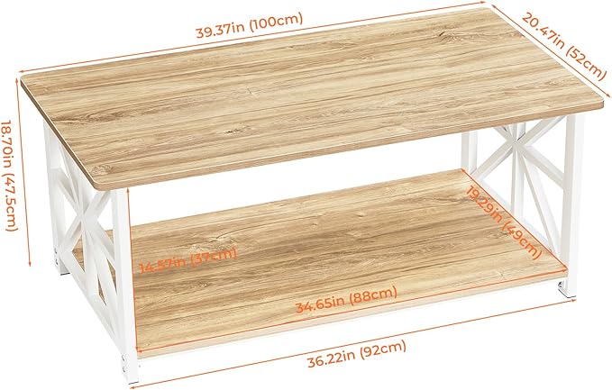 GreenForest Coffee Table with Round Corner, Farmhouse Center Table with 2-Tier