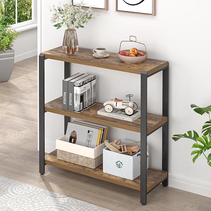 EXCEFUR Small Bookshelf, 3 Tier Short Low Book Shelf, Modern Metal and Wood
