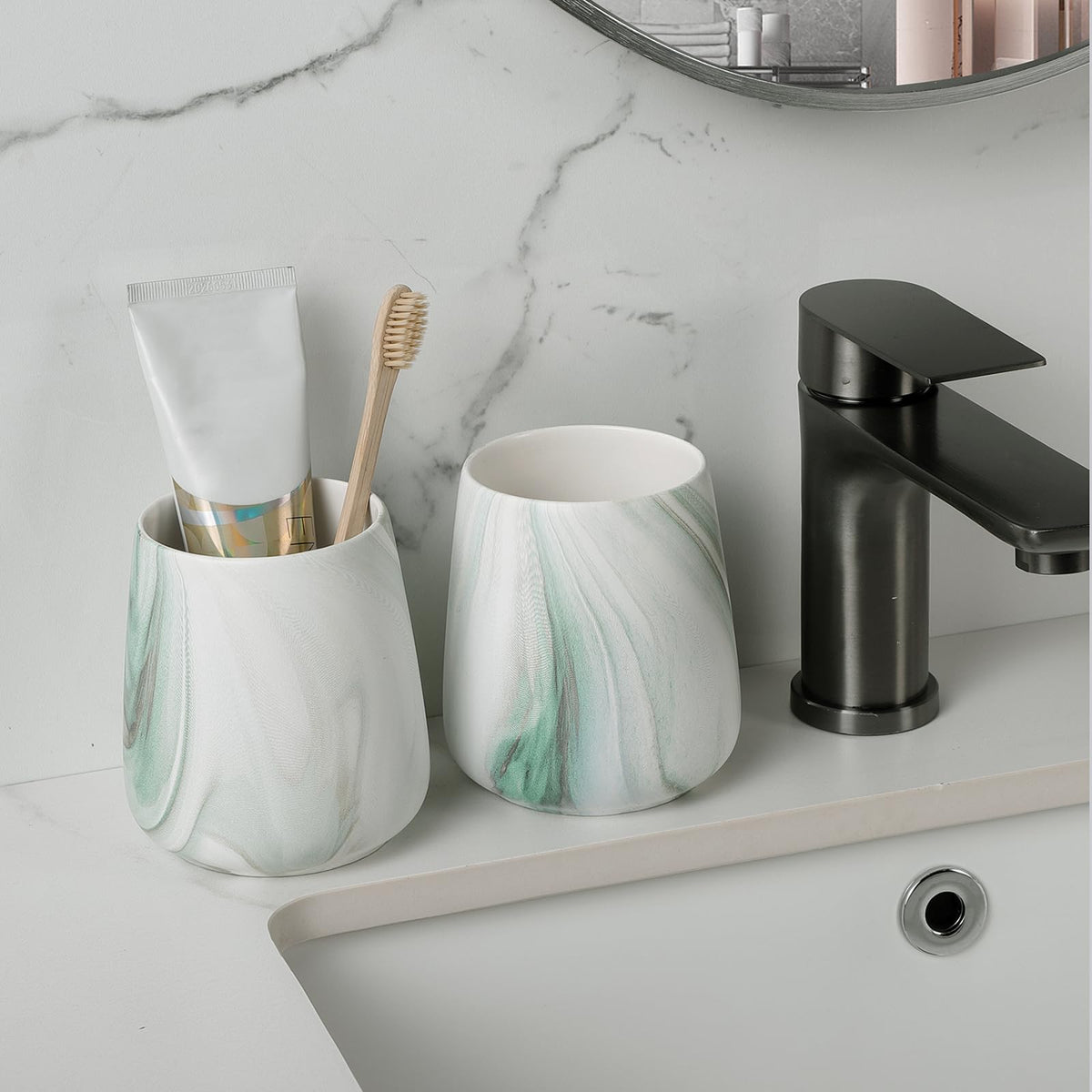 Marble Green Toothbrush Holder for Bathroom - Ceramic Tooth Brushing Holders, Toothbrush Cup, Toothpaste Organizer for Bathroom Countertop, Makeup Brush Holder, Pen Holder for Home Desktop Storage