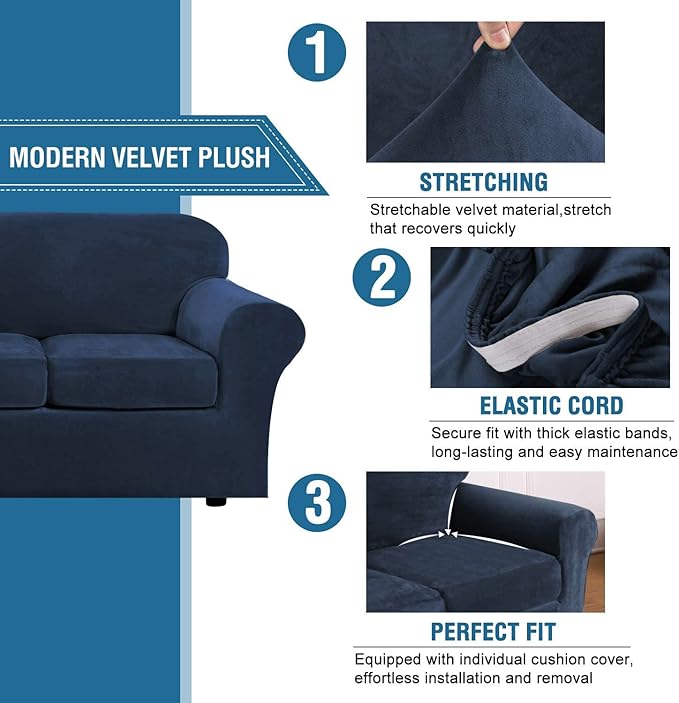 H.VERSAILTEX Modern Velvet Plush 4 Piece High Stretch Sofa Slipcover Sofa Cover