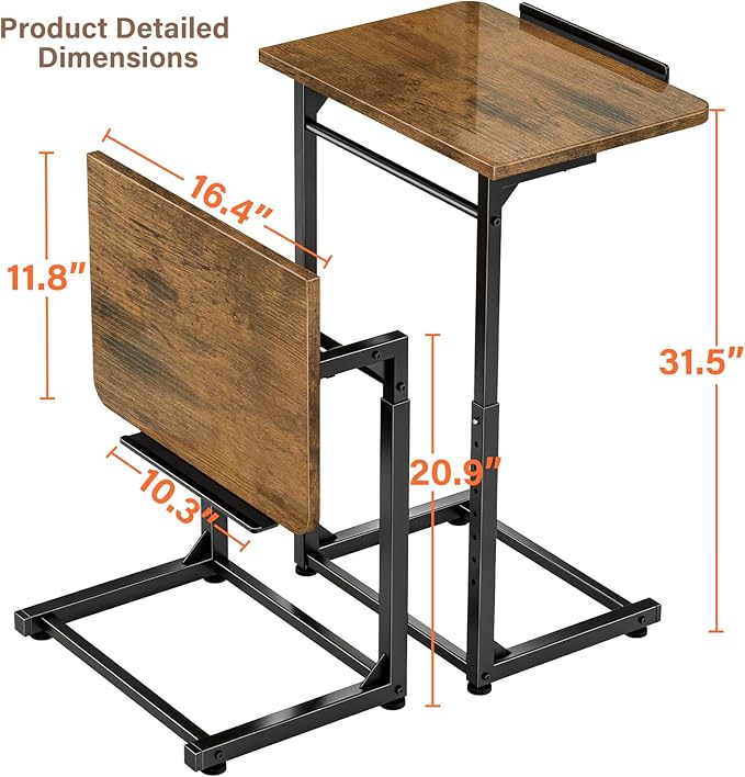Tv Tray Table Set of 2, 8-Level Adjustable Height Couch Side Table，90° Tilt