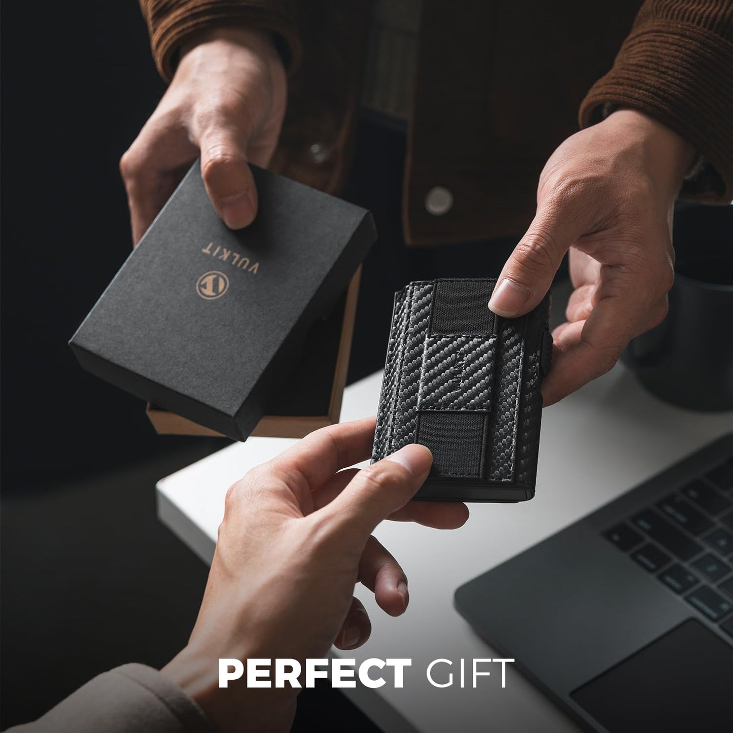 VULKIT Mens Minimalist Wallet for Max. 8 Cards with Pop-Up Credit Card Ejector RFID Blocking, ID Window and Elastic Strap for Bills or Keyring, Gift Box Packed, Carbon Black