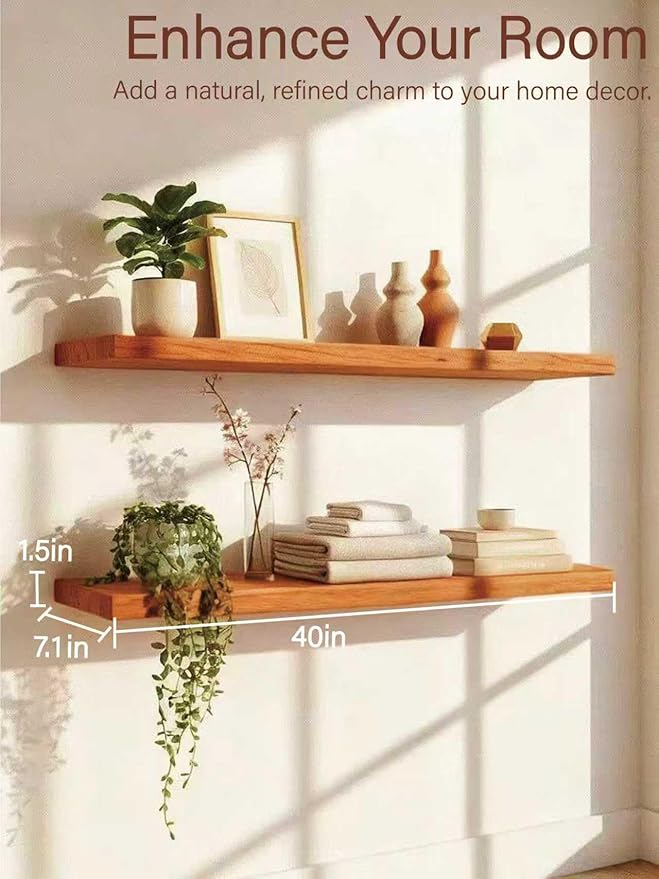 Solid Wood Floating Shelves, 40in Finished Real Wood Wall Shelves