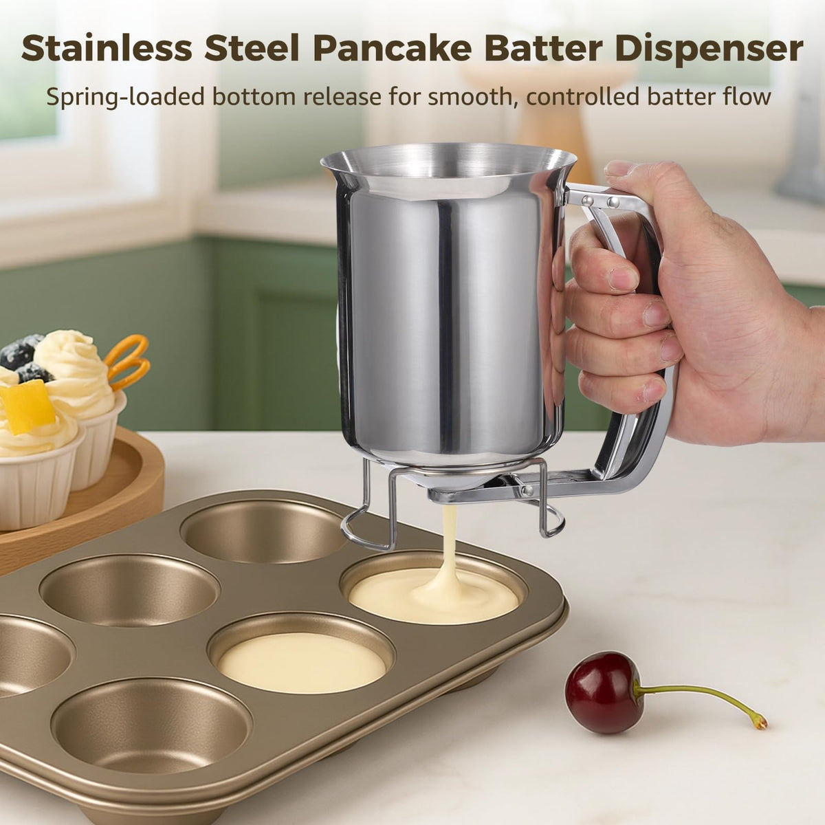 2 PCS Stainless Steel Batter Dispenser, 27 oz Pancake Batter Dispensing Container with Handle, Manual Cupcake Mix Dispenser for Cooking, Baking, Candle Making, Kitchen and DIY Use