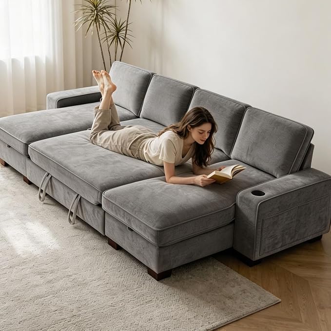 129" Convertible Sleeper Sofa Bed, L Shaped