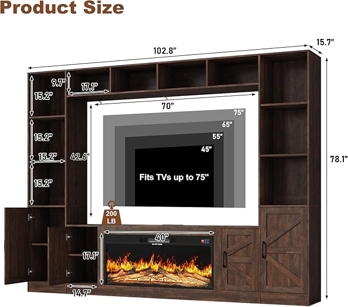 103" Fireplace TV Stand with 40" Electric Fireplace, Farmhouse TV Stand with