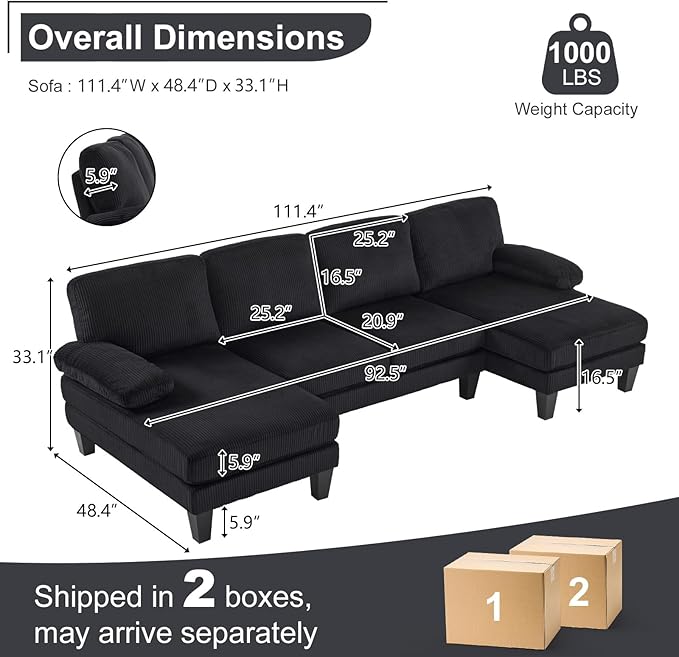 Karl home 111" Sectional Sofa U-Shaped 4-Seat Couch